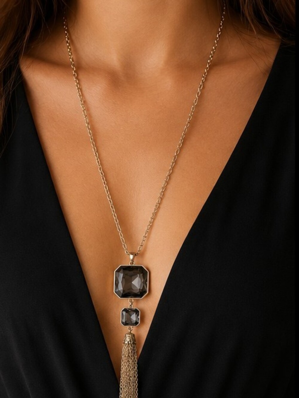 Y2K Smoky Crystal Tassel Necklace Gold Tone Art Deco Statement Pendant 30"